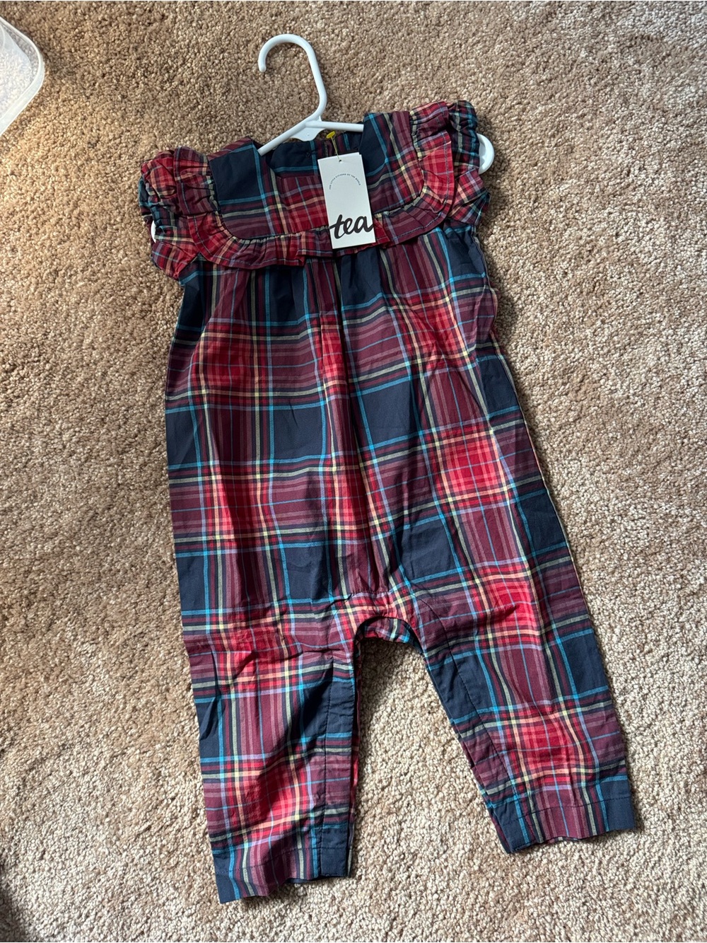 Tea Collection Red and Navy Plaid Girls' Romper with Ruffle Collar